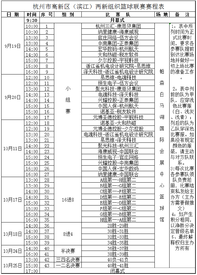 杭州市高新區(qū)(濱江)兩新組織籃球聯賽賽程表